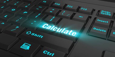 siyah bilgisayar klavye, 3d illüstrasyon mavi parlak Calculate tuş
