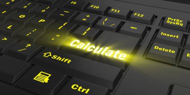 sarı parlak Calculate anahtar üstünde siyah bilgisayar klavye, 3d çizim