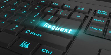 siyah bilgisayar klavye, 3d illüstrasyon mavi parlak isteği anahtar