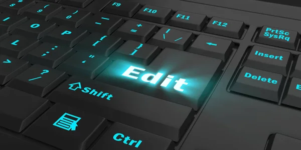blue glowing Edit key on black computer keyboard, 3d illustration