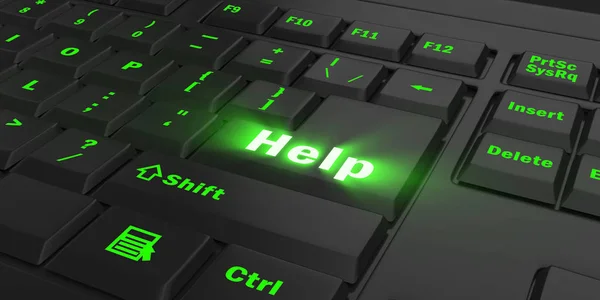 Groene Gloeiende Help Toets Zwarte Computertoetsenbord Illustratie — Stockfoto