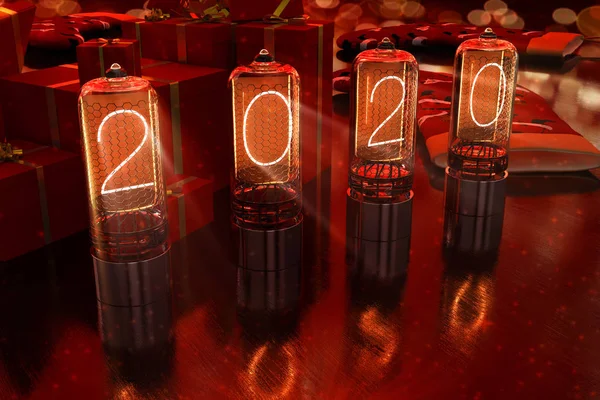 Año 2020 Muestra Las Viejas Lámparas Incandescentes Televisión Fondo Rojo —  Fotos de Stock