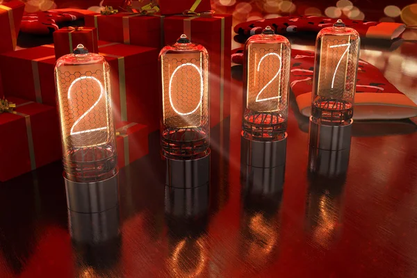 Año 2027 Muestra Las Viejas Lámparas Incandescentes Televisión Fondo Rojo —  Fotos de Stock