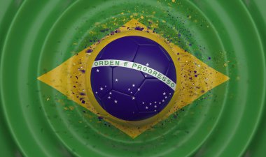 Kompozisyon bir bayrak, 3d çizim şeklinde tamamlayan Brezilya, dalgalı bir arka plan üzerinde futbol topu