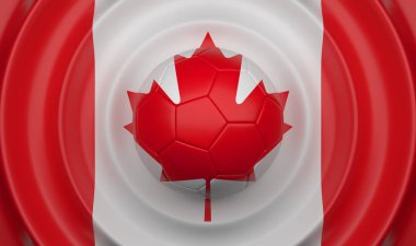 Kompozisyon bir bayrak, 3d çizim şeklinde tamamlayan Kanada, dalgalı bir arka plan üzerinde futbol topu