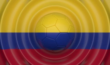 Kompozisyon bir bayrak, 3d çizim şeklinde tamamlayan Kolombiya, dalgalı bir arka plan üzerinde futbol topu