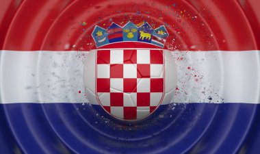 Kompozisyon bir bayrak, 3d çizim şeklinde tamamlayan Hırvatistan, dalgalı bir arka plan üzerinde futbol topu