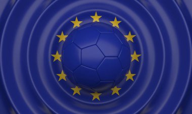 Avrupa Birliği, futbol topu dalgalı bir arka plan üzerinde kompozisyon bir bayrak, 3d çizim şeklinde tamamlayan