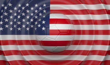 Kompozisyon bir bayrak, 3d çizim şeklinde tamamlayan ABD, dalgalı bir arka plan üzerinde futbol topu