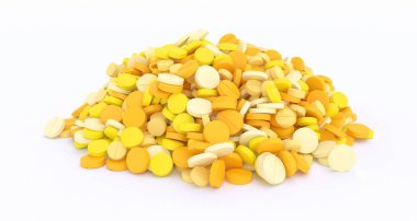 Beyaz arka planda yakın kadar 3d resimde sarı haplardan büyük kazık