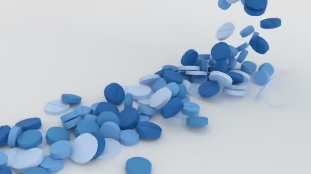 Много Синих Таблеток Падают Белую Поверхность Формируют Форму Сердца — стоковое видео