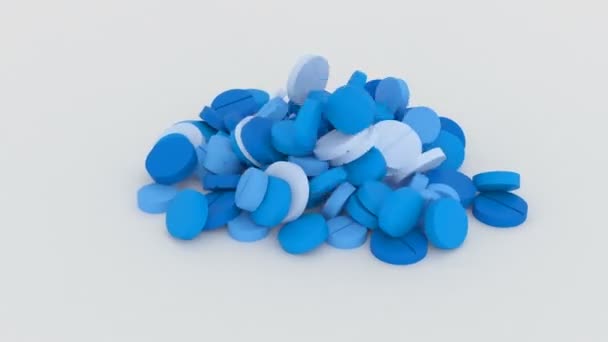 Many Blue Pills Fall White Surface Forming Large Pile Medications — Stock Video