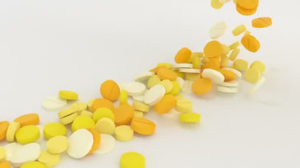 Sok Sárga Tabletta Esik Fehér Felület Forma Szív Alakú — Stock videók