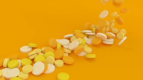 Vele Gele Tabletten Vallen Het Gele Oppervlak Vorm Van Een — Stockvideo