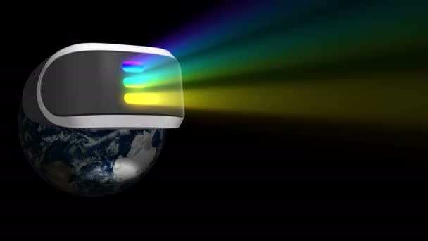 仮想現実ヘルメットと地球は黒い背景に虹の光を放射状に軸の周りに回転します 黒と白のアルファ チャネル透明度の存在 — ストック動画