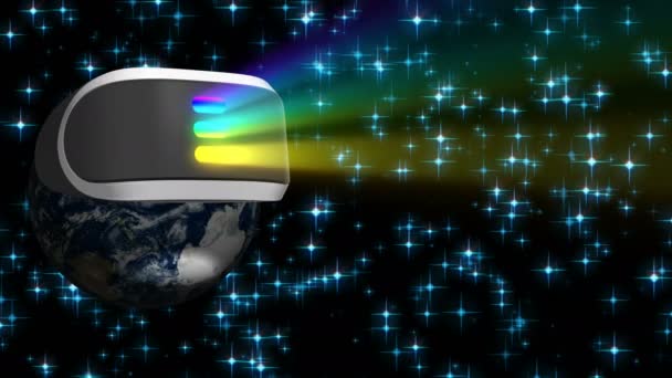 行星地球与虚拟现实头盔辐射彩虹光在黑色背景与蓝色的星星 黑色和白色的阿尔法通道透明度的存在 — 图库视频影像