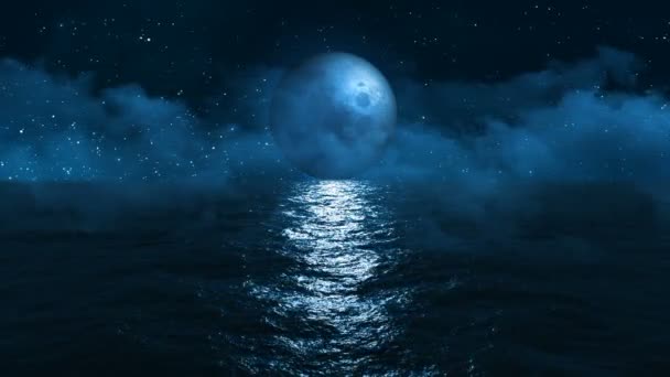 Moon Touches Surface Dark Blue Ocean Its Reflection Horizon Sky — Stock Video