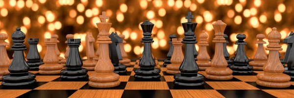 Panoramic View Chess Pieces Standing Board Background Beautiful Bokeh Illustration — Stock Photo, Image