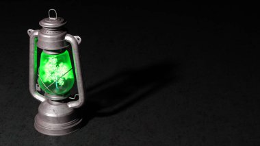 siyah bir arka plan, 3d illüstrasyon parlayan bir ağaç içindeki eski gaz lambası