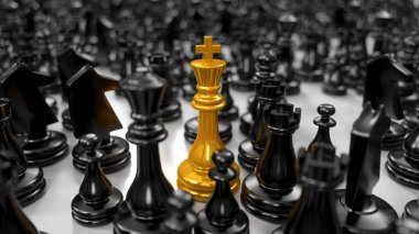 golden king stands among various black chess pieces, 3d illustration clipart