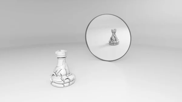 White Broken Rook Sees His Broken Reflection Mirror Illustration — Stock Photo, Image
