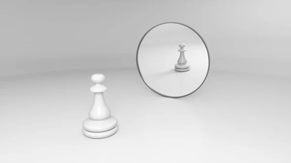 Peão do xadrez olhando no espelho e vendo o rei. conceito de