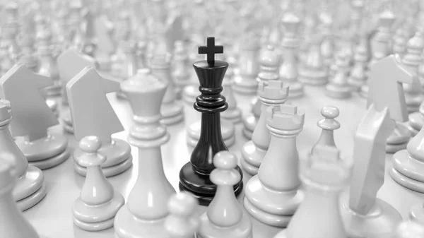 black king stands among different white chess pieces, 3d illustration
