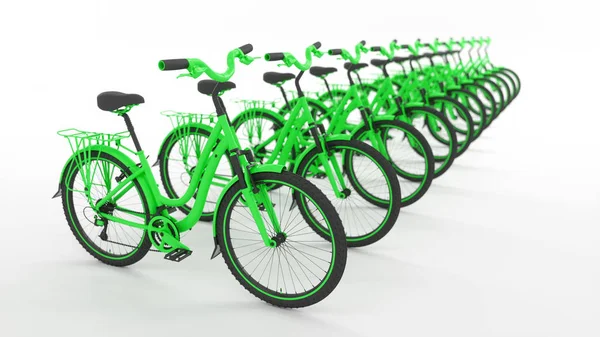Muitas Bicicletas Verdes Uma Linha Reta Ilustração — Fotografia de Stock