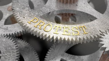 Saat mekanizmasının dişli üzerinde yazıt Protesto, 3d illüstrasyon
