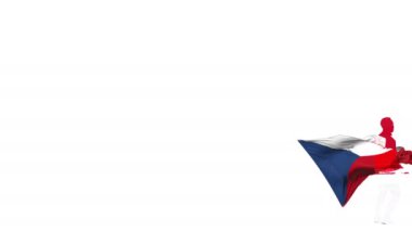 Arka planda bayrağı olan Çek Cumhuriyetili futbolcu bükülmüş bir topa tekme atıyor ve kendi üzerinden tekme atıyor. Top ekrana uçar. Bindirme için alfa kanal saydamlığı.