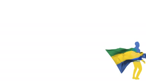 Gabon Focista Zászló Háttérben Rúgások Egy Csavart Labdát Kirúgja Magát — Stock videók