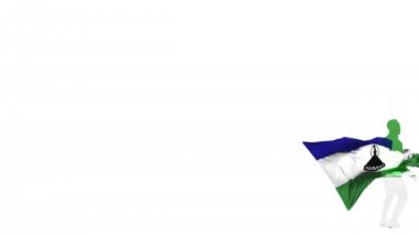 Arka planda bayraklı Lesotho futbolcusu topa vuruyor ve kendini tekmeliyor. Top ekrana doğru uçar. Üst üste bindirme için Alfa mat şeffaflığı.