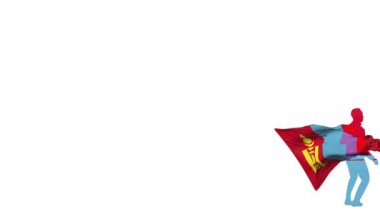 Arka planda bir bayrak ile Moğolistan lı futbolcu bükülmüş bir topa tekme ler ve kendi üzerinden tekmeler. Top ekrana uçar. Bindirme için alfa mat saydamlık.