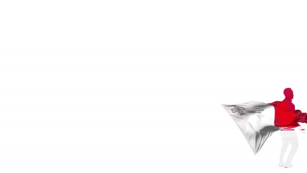 Malte joueur de football avec un drapeau en arrière-plan donne un coup de pied à un ballon tordu et coups de pied à travers lui-même. La balle vole vers l'écran. Transparence alpha mate pour superposition .