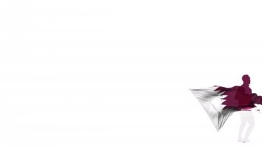 Arka planda bayrağı olan Katarlı futbolcu bükülmüş bir topa tekme atıyor ve kendi kendine tekme atıyor. Top ekrana uçar. Bindirme için alfa mat saydamlık