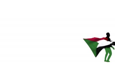 Arka planda bayrağı olan Sudanlı futbolcu bükülmüş bir topa tekme atıyor ve kendi kendine tekme atıyor. Top ekrana uçar. Bindirme için alfa mat saydamlık