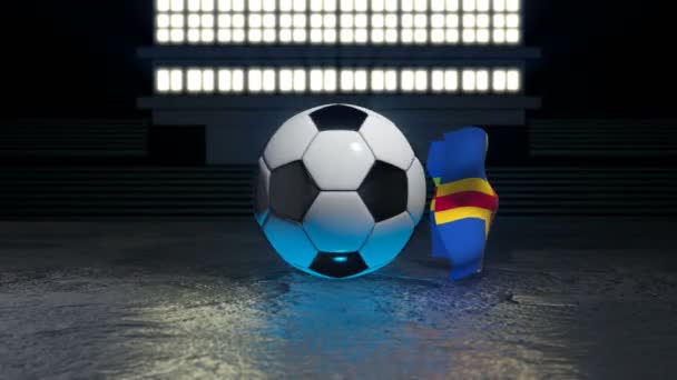 Aland Flag Flies Soccer Ball Revolving Its Axis — Stock Video