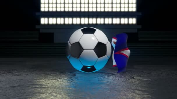 アメリカのサモアの旗は その軸の周りを回転するサッカーボールの周りを飛ぶ — ストック動画