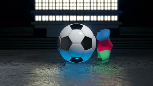 アゼルバイジャンの旗は その軸の周りを回転するサッカーボールの周りを飛ぶ — ストック動画
