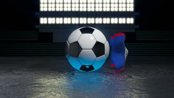 ベリーズの旗は その軸の周りを回転するサッカーボールの周りを飛ぶ — ストック動画