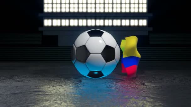 Kolumbianische Flagge Weht Einen Fußball Der Sich Die Eigene Achse — Stockvideo