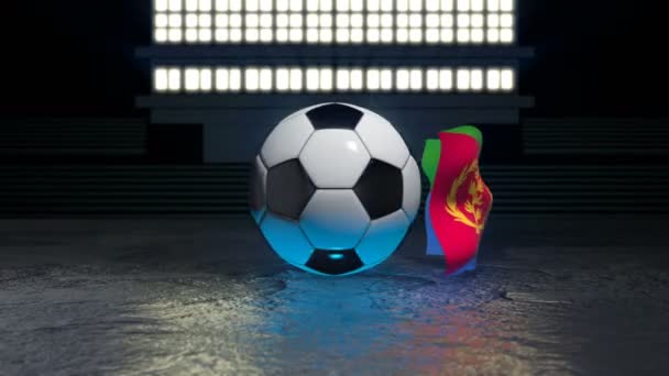 Eritrea Flag Flies Soccer Ball Revolving Its Axis — Stock Video