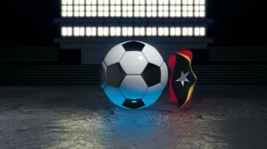 Doğu Timor bayrağı kendi ekseni etrafında dönen bir futbol topu etrafında uçuyor