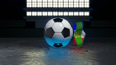 Hakassia bayrağı kendi ekseni etrafında dönen bir futbol topu etrafında uçuyor