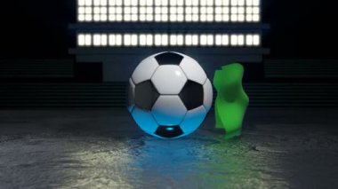 Libya bayrağı kendi ekseni etrafında dönen bir futbol topu etrafında uçuyor