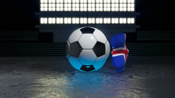 アイスランドの旗は その軸の周りに回転するサッカーボールの周りを飛ぶ — ストック動画