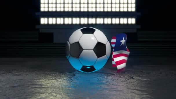Liberia Flag Flies Soccer Ball Revolving Its Axis — Stock Video