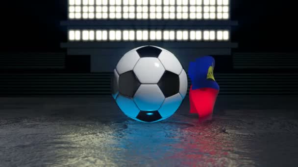 Bandeira Liechtenstein Voa Torno Uma Bola Futebol Girando Torno Seu — Vídeo de Stock