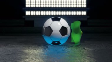Moritanya bayrağı kendi ekseni etrafında dönen bir futbol topu etrafında uçar
