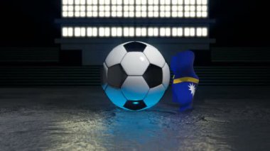 Nauru bayrağı kendi ekseni etrafında dönen bir futbol topu etrafında uçar